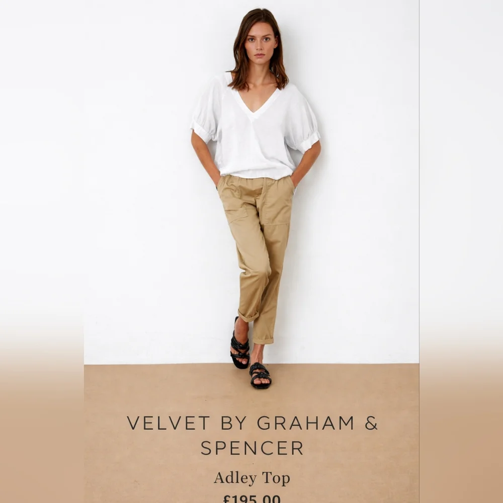 100 Linen VELVET White Top Adley Large Puff Sleeves V neck Graham Spencer - Picture 8 of 9